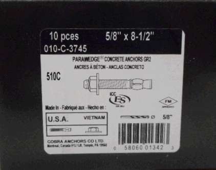 PARAWEDGE ANCHOR 5/8 X 8 1/2IN 10PK