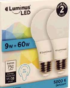 A19 LED LIGHT BULB DAYLIGHT 9W 2PK