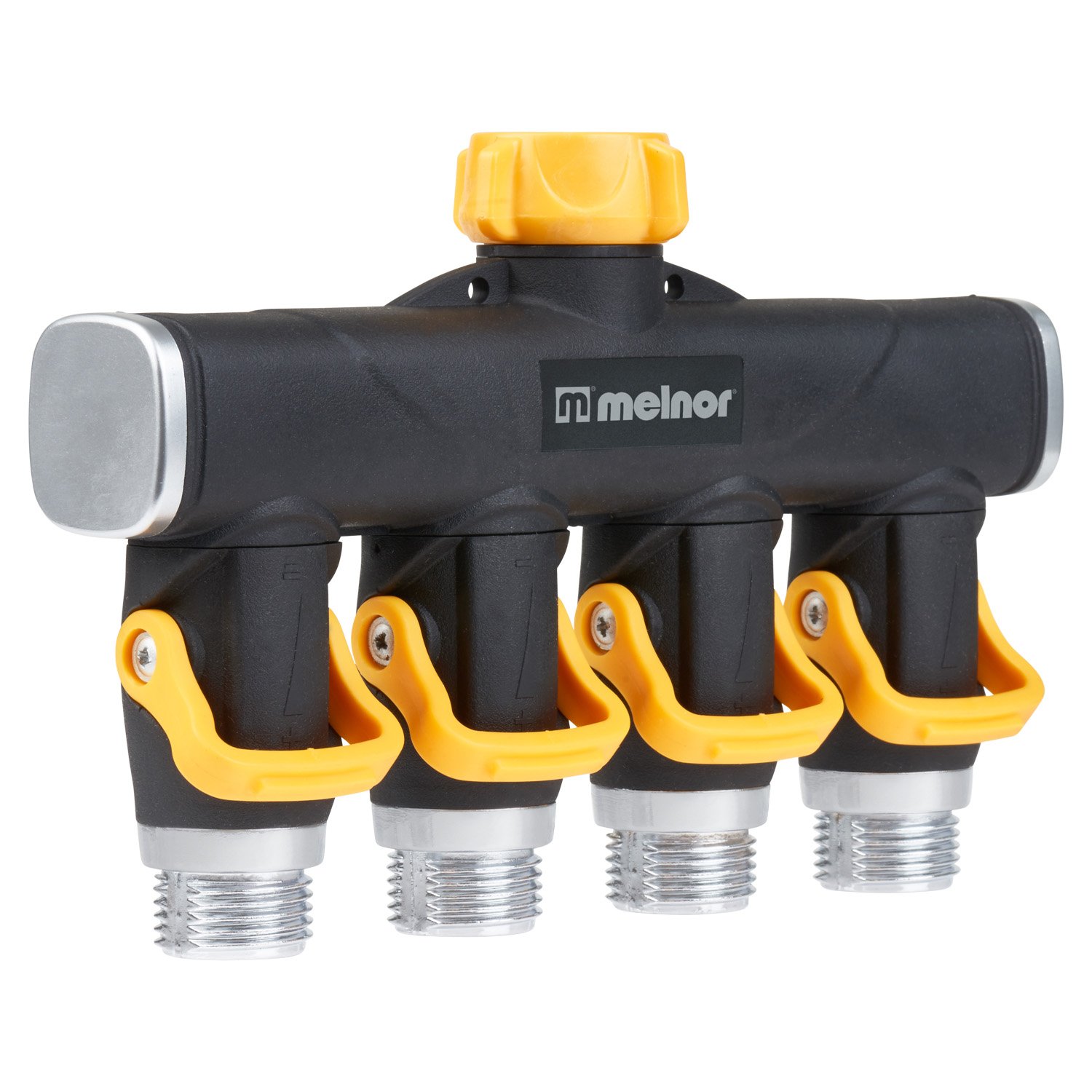 Melnor 4-way metal garden hose splitter with flow-control levers
